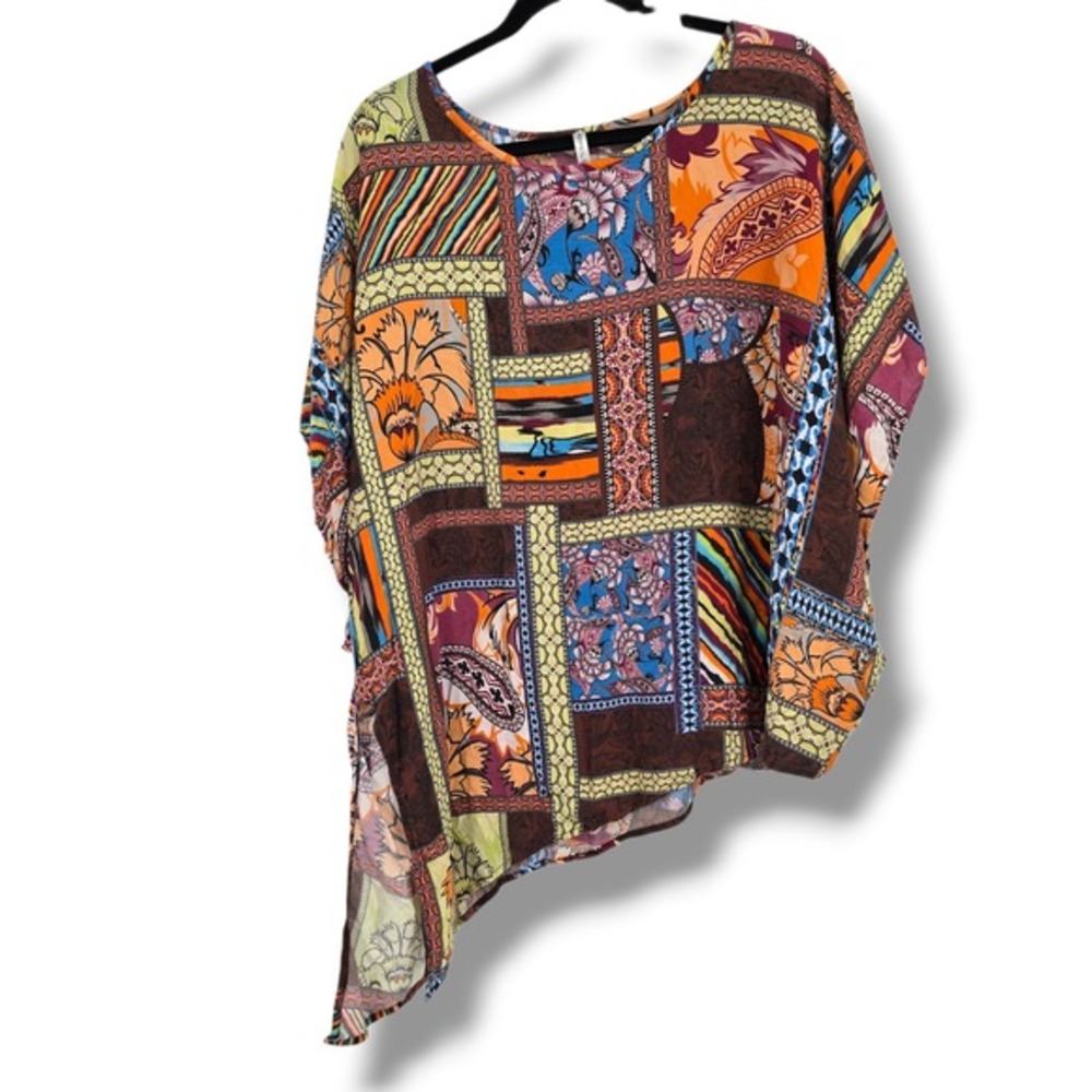 Passports Womens Medium Patchwork Paisley Asymmetrical Poncho Blouse‎ Multicolor